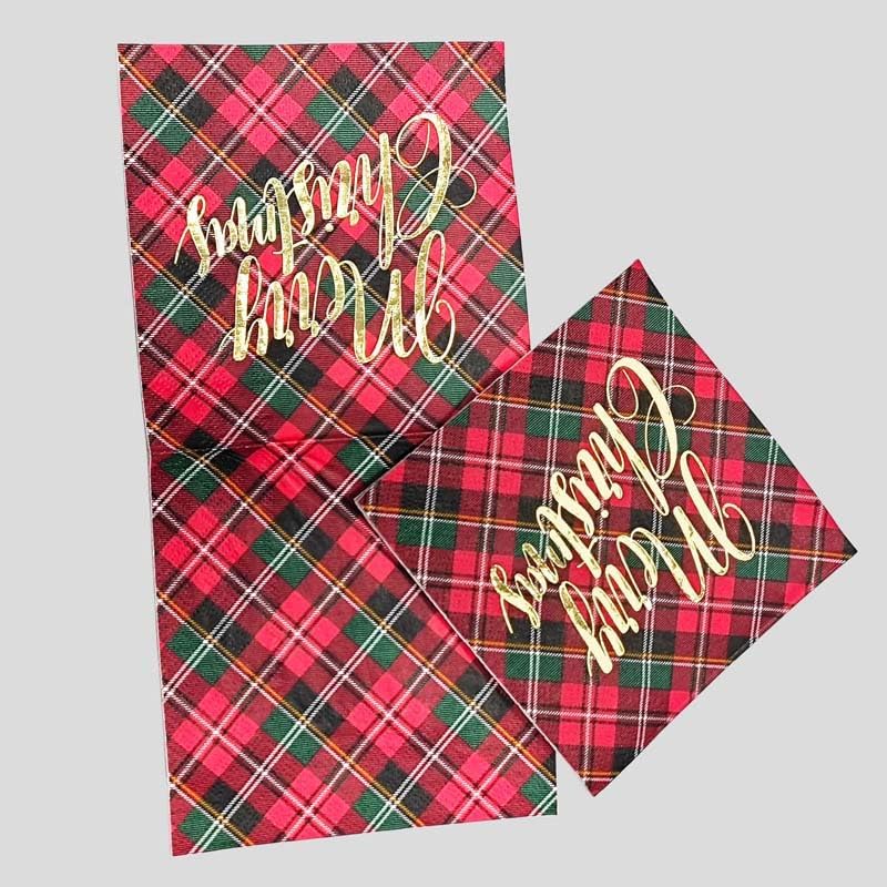 20 Pcs Buffalo Plaid Christmas Paper Napkins Disposable Beverage Cocktail Napkins Foil Gold Napkins Tableware Serviettes Luncheon Dinner Napkin Merry Christmas Party Decor