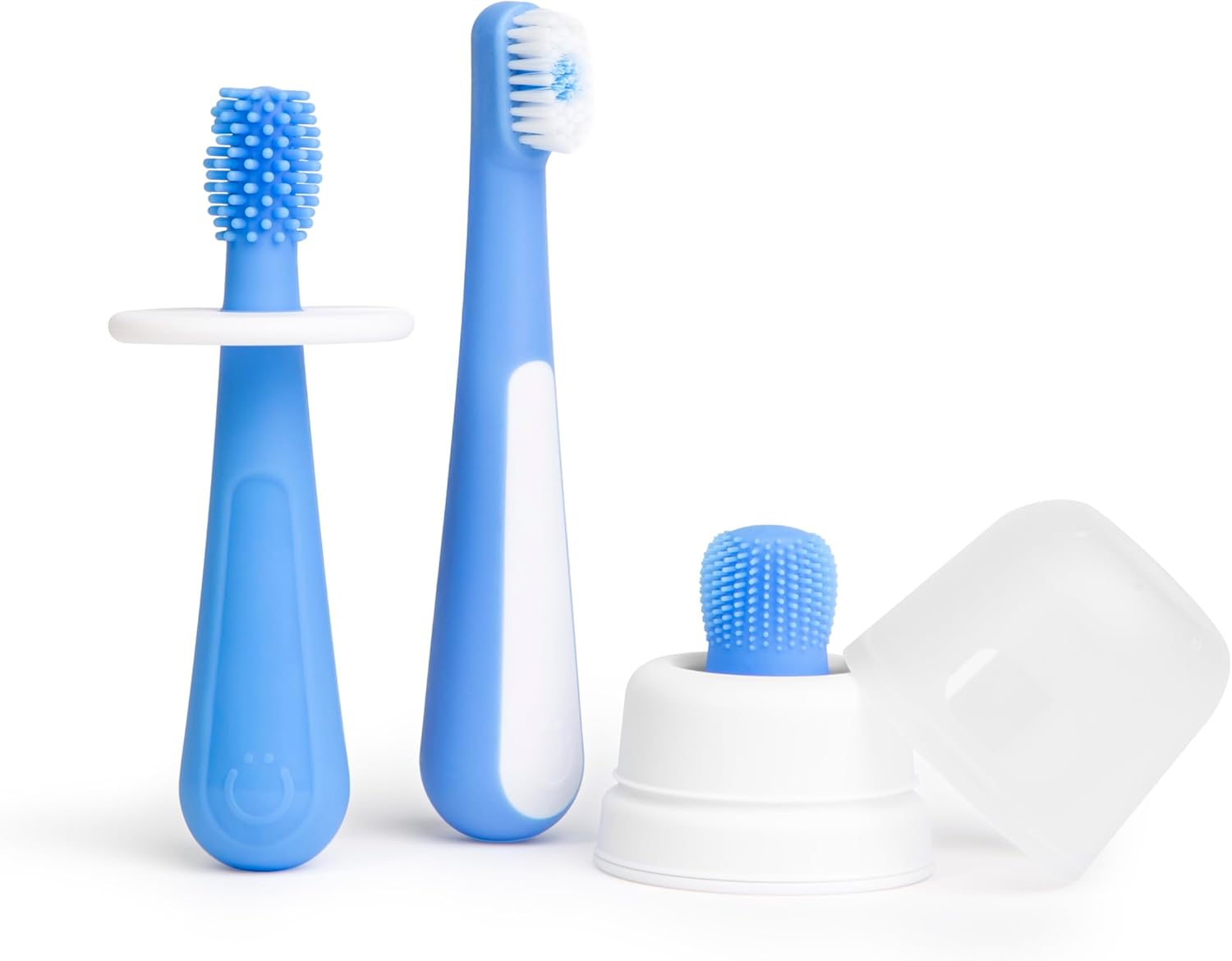 Ubbi Grow with Me Toothbrush Training Set for Babies and Toddlers, Includes Silicone Finger Brush, 360° and Soft Bristled Toothbrush, Polaris Blue