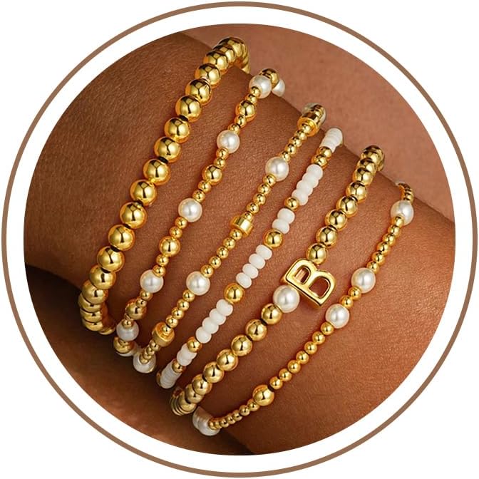 Turandoss 6PCS Gold Beaded Initial Bracelets for Women Girls Gifts Trendy - Dainty 18K Gold Plated Beaded Initial Letter Bracelet Initial A-Z Stretch Bead Stackable Bracelet Birthday Jewelry Gifts