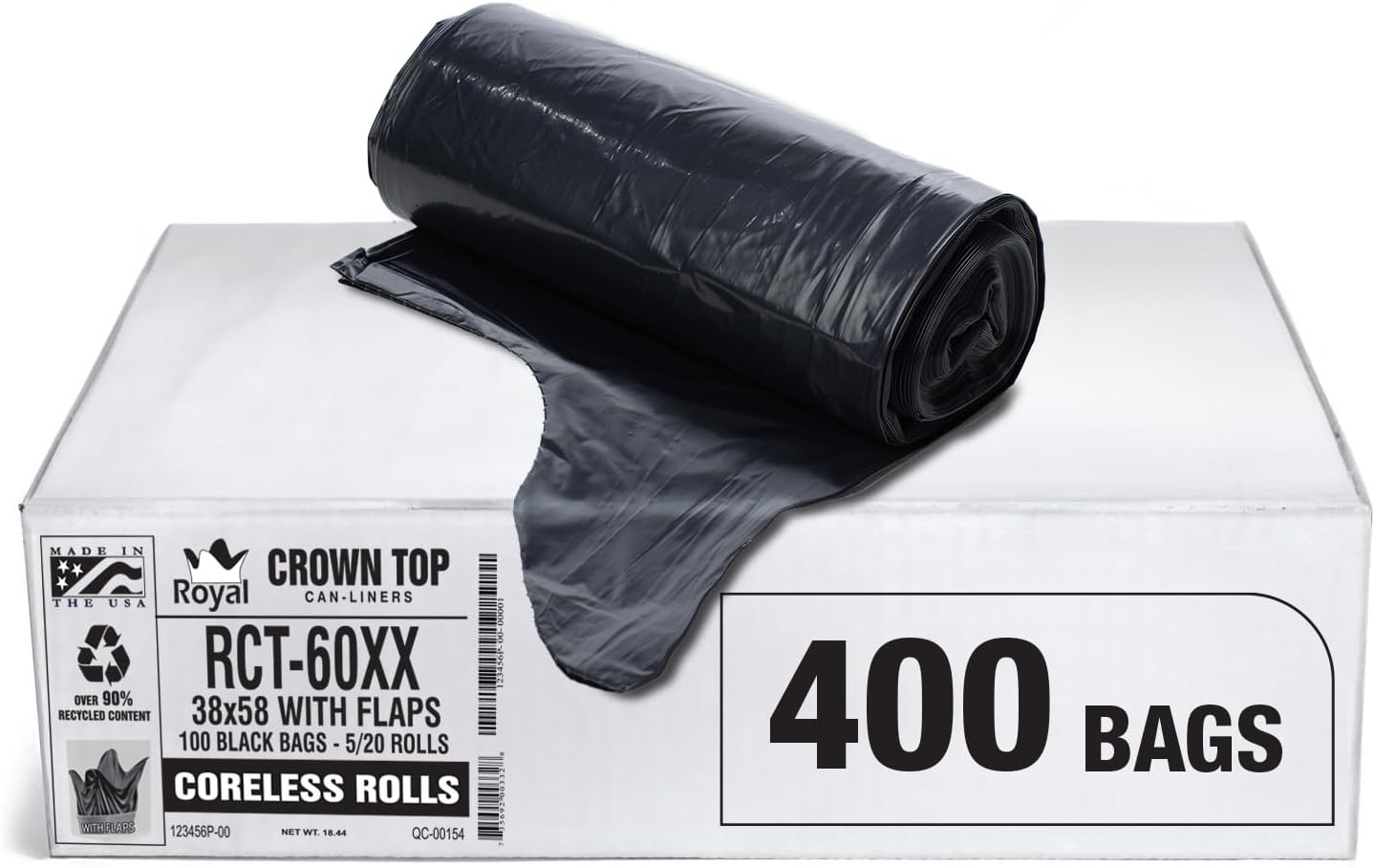 Aluf Plastics RCT-60XX Star Sealed Coreless Rolls with E-Z Tie Flap Closure, 60 gal, Polyethylene, 38" x 58", Black (Pack of 400)