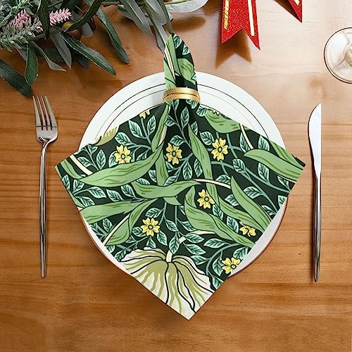 Green Floral Cloth Napkins Set of 6 Soft Napkins Cloth Washable Silky Satin Napkins for Dinner Parties Weddings Holiday Table Decor Reusable Flower William Morris (20x20 in)
