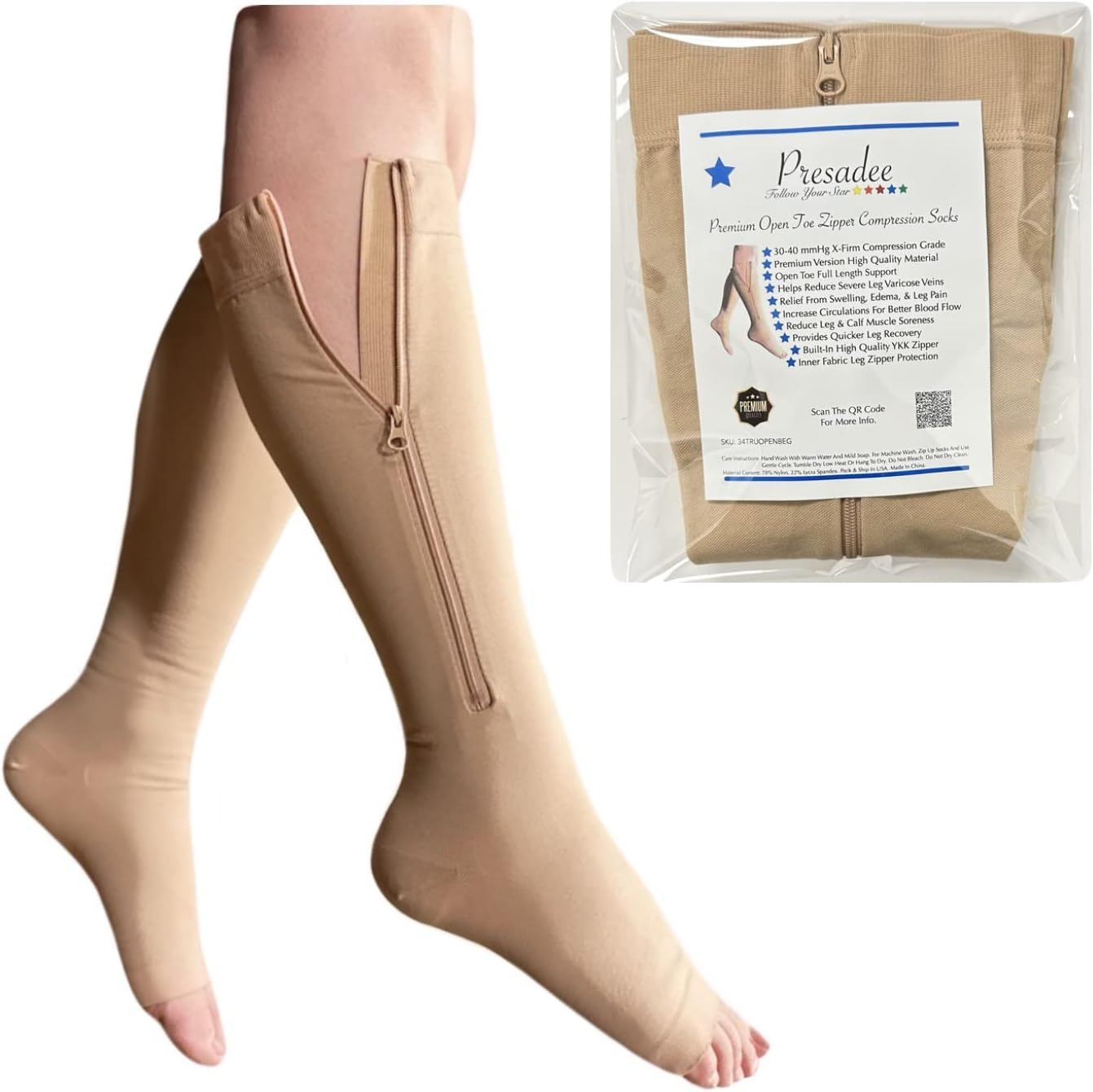 Presadee 30-40 mmHg Extra Firm Zipper Compression Leg Swelling Open Toe Socks