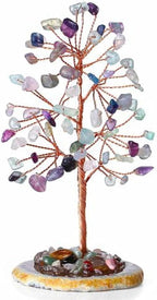 YATOJUZI Rainbow Fluorite Crystal Trees Natural Crystals Stones Gemstones Tree Copper Wire Agate Base Tree of Life Feng Shui Decor Reiki Energy Lucky for Room Desk Home Decors Gifts for Women Men