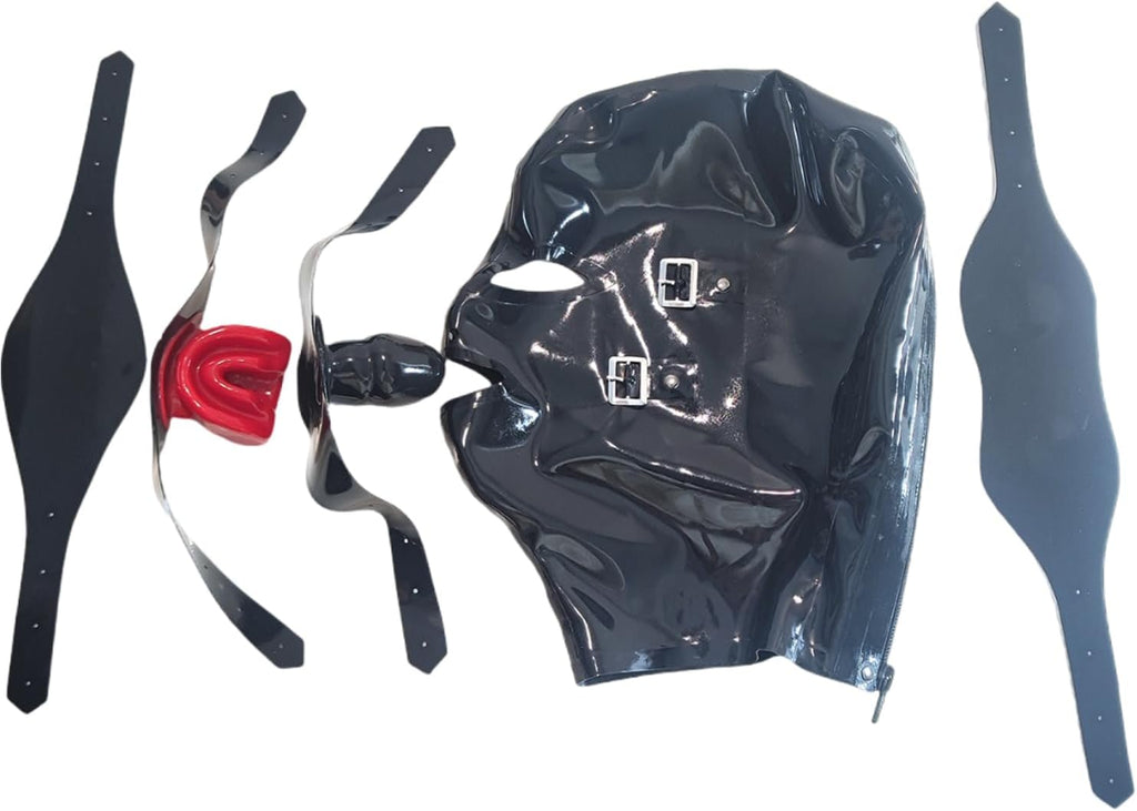 Black Latex Hood Mask with Removable Blindfold and Mouth Piece Gag Nose Nasal Tube Back Zipper Open Eyes Mouth Nose