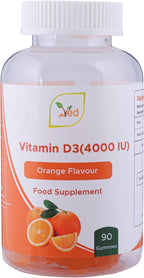 Ved Vitamin D3 Gummies for Adults 4000IU, Non GMO- Gluten Free, Orange Flavour -High Strength 90 Chewable Gummies (3 Month Supply)