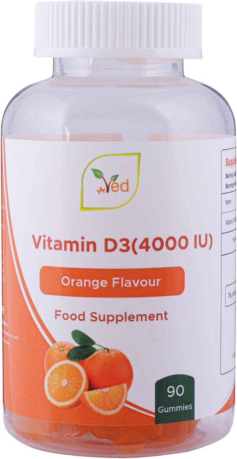 Ved Vitamin D3 Gummies for Adults 4000IU, Non GMO- Gluten Free, Orange Flavour -High Strength 90 Chewable Gummies (3 Month Supply)