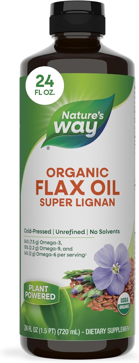 Nature's Way Organic Flax Oil Super Lignan, Cold-Pressed Flaxseed Oil with Omega-3 ALA, Unrefined Organic Liquid Flax Oil Supplement, Unflavored, 24 Fl Oz