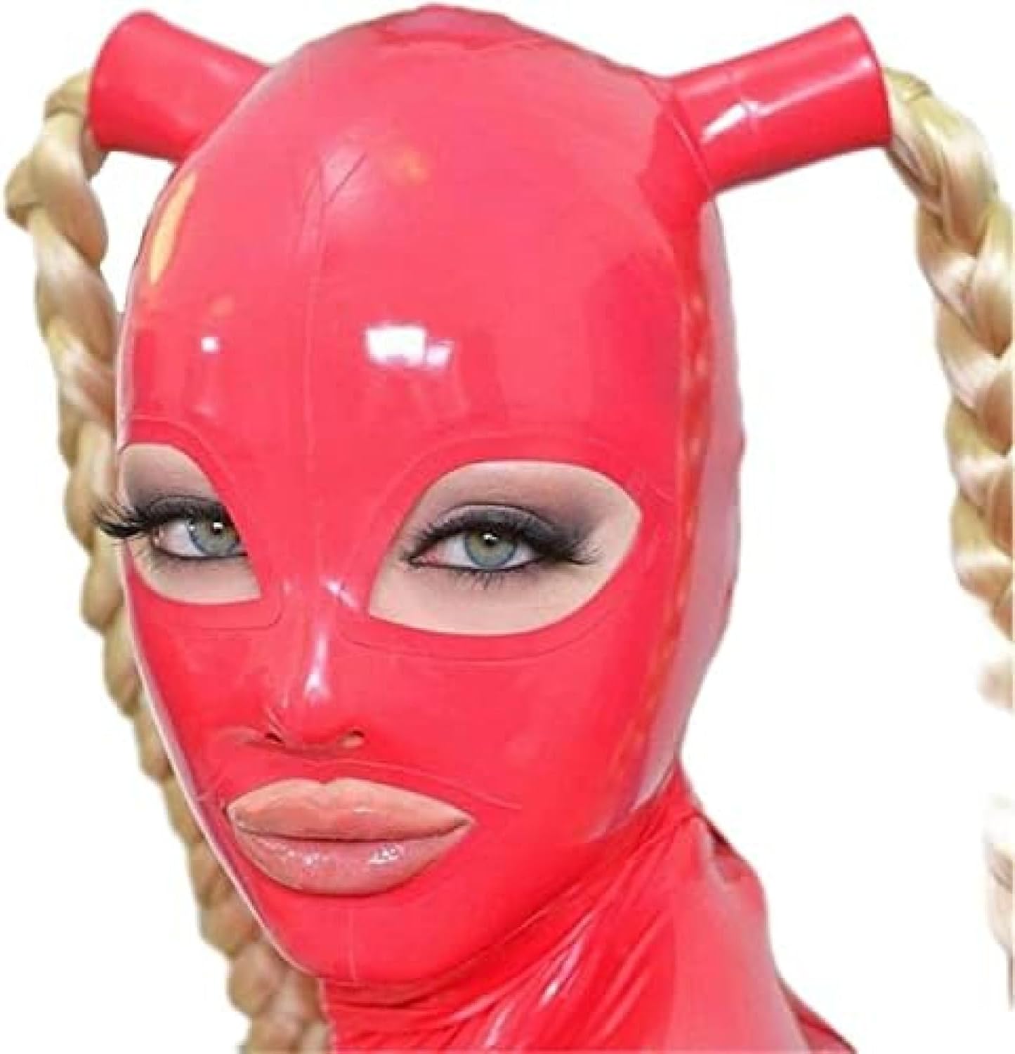 Red Latex Hood with Double Blond Ponytail Wigs Back Zipper Rubber Mask with Golden Pigtail Cosplay Club Wear,Large