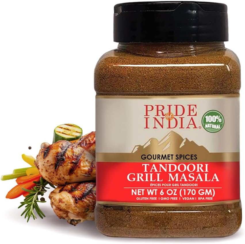 Pride of India – Tandoori Grill Masala – Blend of Exotic & Gourmet Spices – Ideal for Vegetable, Meat & Chicken Cooking – GMO Free – Easy to Use - 7 oz. Medium Dual Sifter Bottle