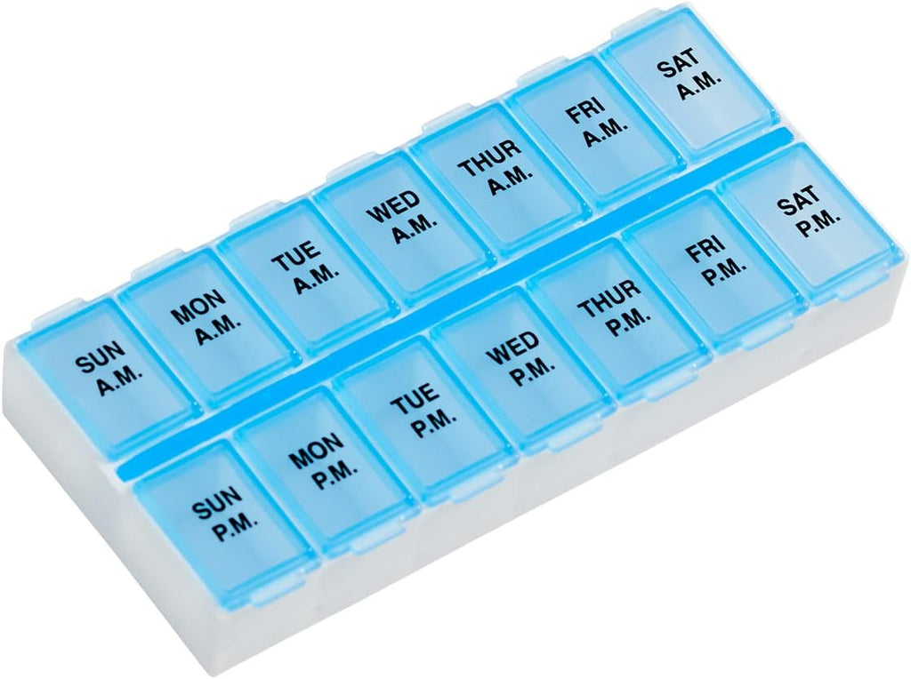 EZY DOSE Weekly AM/PM (7-Day) Pill Organizer, Medication Organizer Box for Daily Vitamins & Pills, Easy-Open Secure Pill Case for Travel & Home, Medium Compartments, Daily Dose Planner, Blue