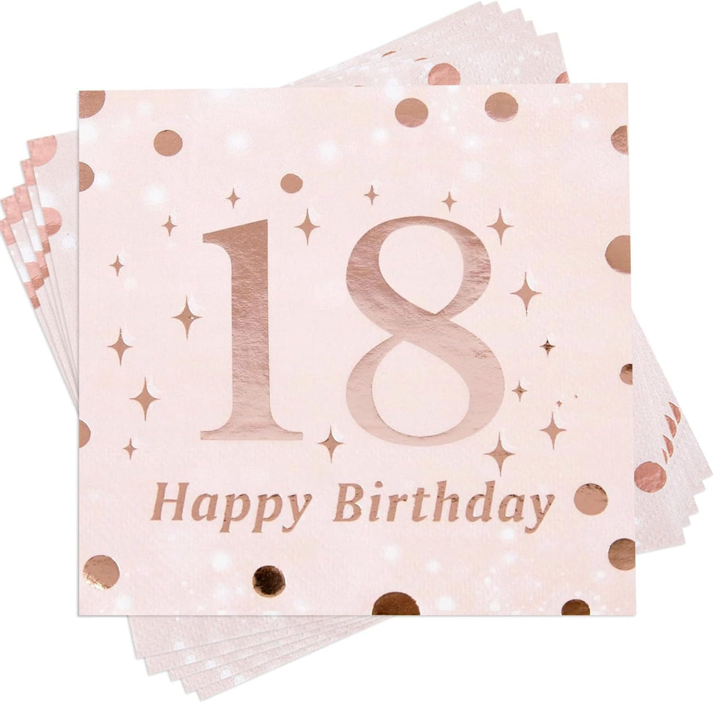 18th Birthday Decorations for Girls - 50PK - Happy 18th Birthday Napkins 18 Year Old Birthday Decorations 5x5 Inches, Disposable Cocktail Napkins Paper for 18th Birthday Party Decoraiton Rose and Gold