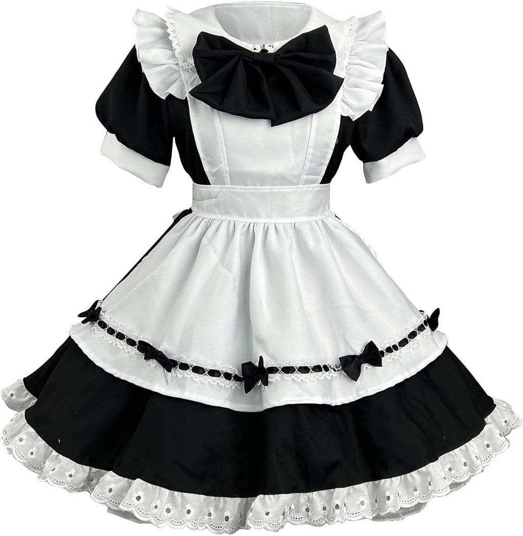 LIUguoo Women Anime Lolita French Maid Dress Cosplay Costume With Lace Apron Headwear