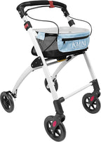 KMINA Narrow Walker for Small Spaces, Foldable Walker with Tray and Basket, 4 Wheels and Brakes, Lightweight Indoor Rollator for Seniors, Blue, PRO Model