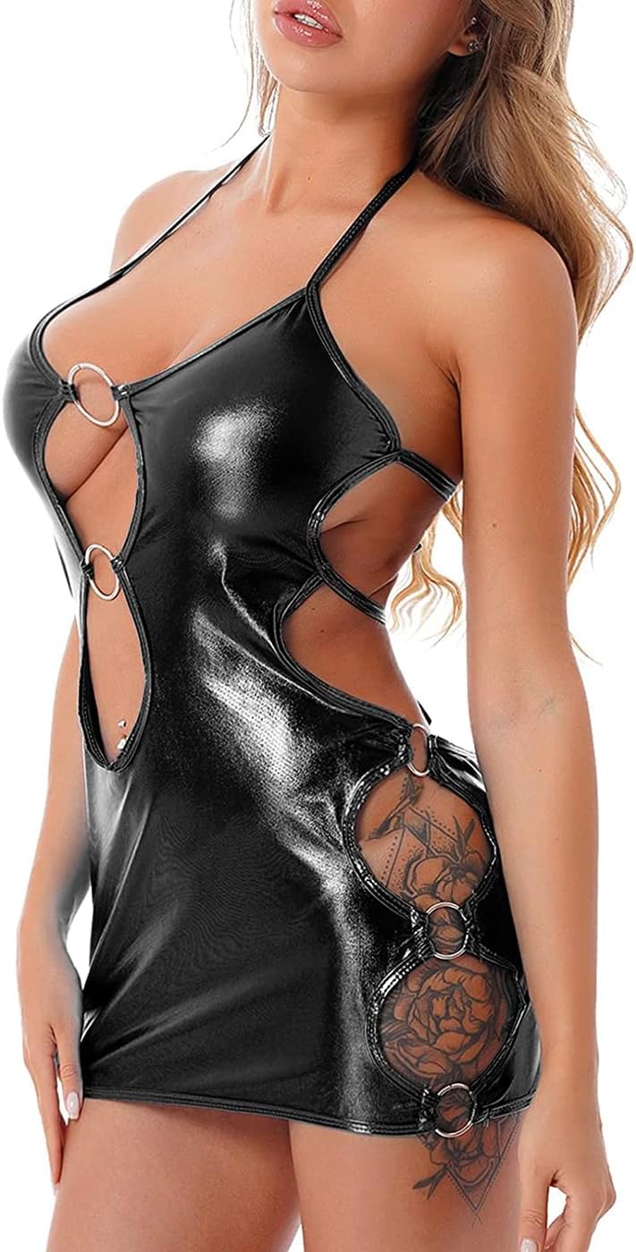 Women Leather Lingerie Sexy Cut Out Babydoll Nightdress Deep V Neck Backless PU Leather Bodycon Mini Nightclub Dress