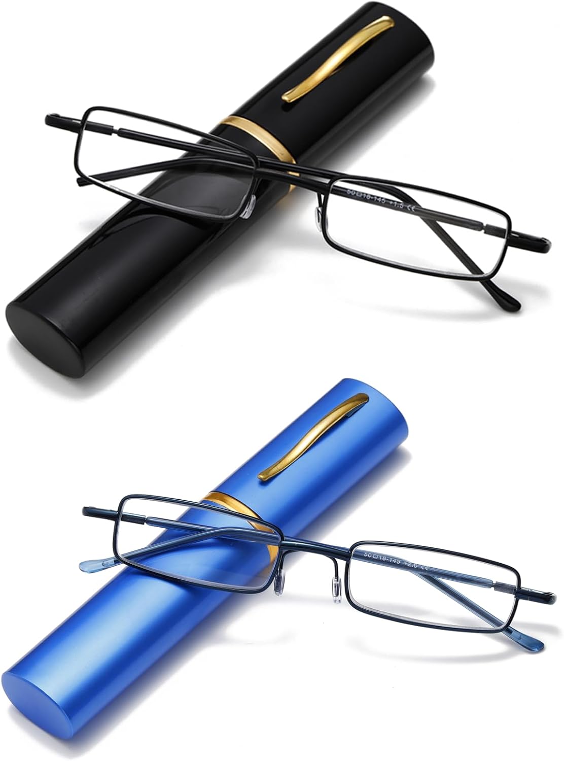 Viseng Slim Mini Metal Reading Glasses Compact Lightweight Portable Readers with Glasses Case for Reading Case,Black+Blue+2.0