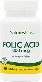 NaturesPlus Folic Acid (Methylfolate) - 800 mcg - 90 Tablets - Supports Immune & Prenatal Health - Gluten Free, Vegetarian, Allergen Free - 90 Servings