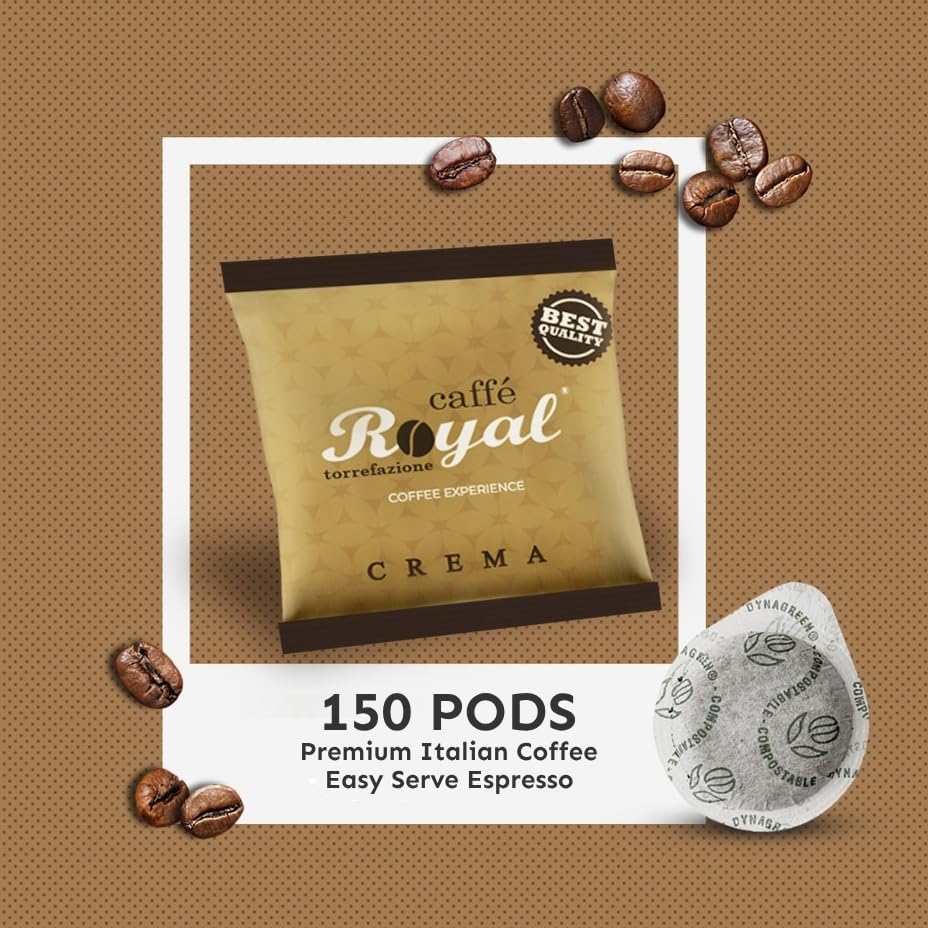 Royal Caffé ESE Pods Espresso, Crema Blend Medium Dark Roast Hazelnut, Arabica & Robusta Beans, Single Serve Italian Paper Coffee Pods, 44mm Filter Paper, 150 Count (1 Pack - 8 Grams), For E.S.E Coffee Machines, Made in Italy