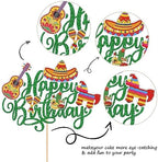 1 Pack Fiesta Happy Birthday Cake Topper Cactus Donkey Guitar Rackets Pepper Cake Pick for Mexican Fiesta Theme Baby Shower Birthday Party Cake Decorations Supplies Green