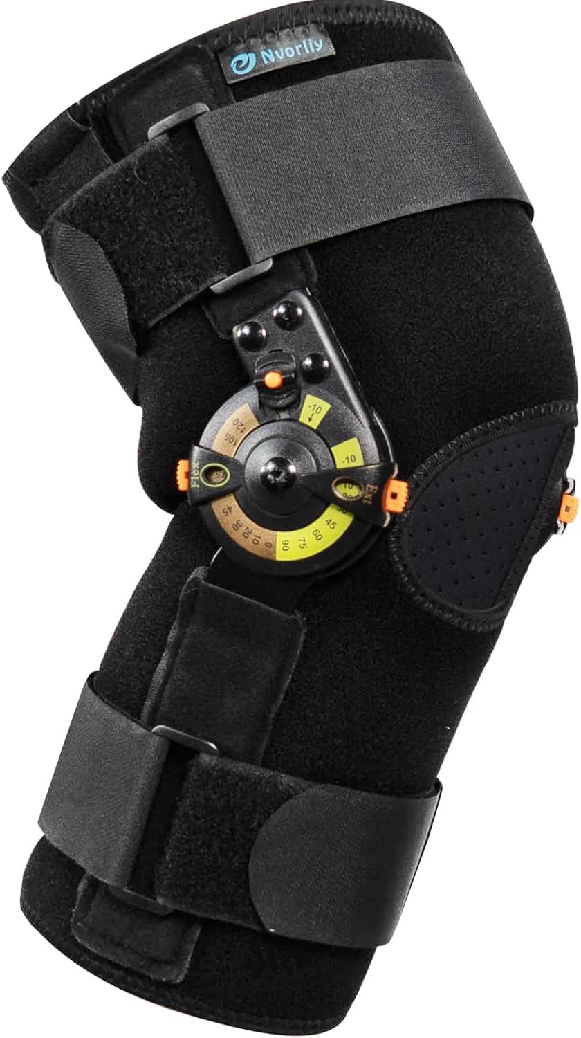 Nvorliy Hinged ROM Knee Brace with Side Stabilizers & Locking Dials, Post Op Knee Immobilizer for Arthritis, ACL, MCL, PCL, Meniscus Tear, Injurie/Knee Pain, Medical Orthopedic Support (Small)