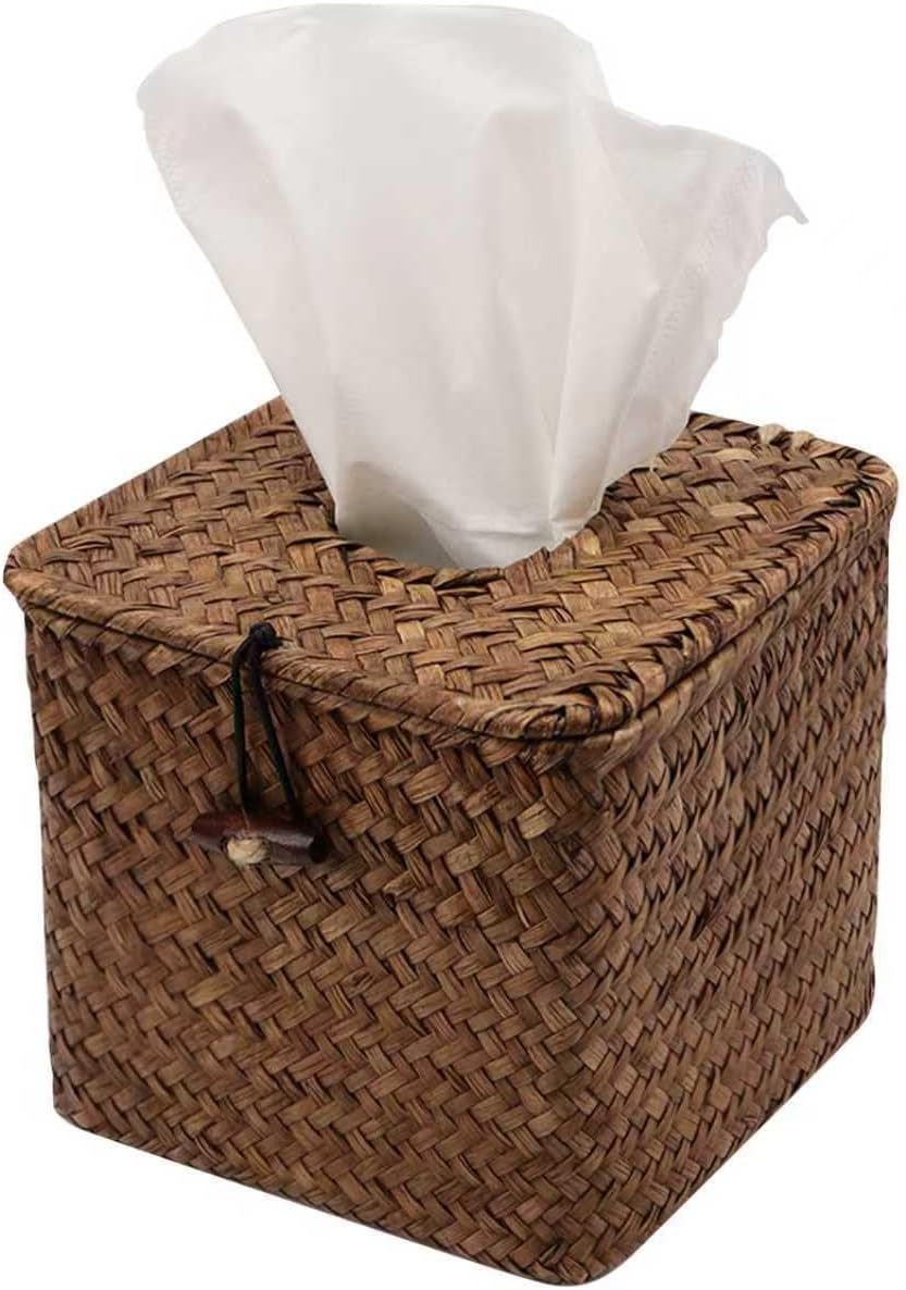 Seagrass Tissue Box Cover,Square Tissue Box with Lid, Woven Tissue Box Holder, Rustic Tissue Holder for Bathroom Vanity Toilet Living Room Bedroom Kitchen Office Car, Coffee