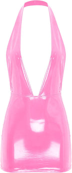 Hedmy Women PU Leather Halter Plunging V Neck Bodycon Pencil Mini Dress Package Hip Dresses Clubwear