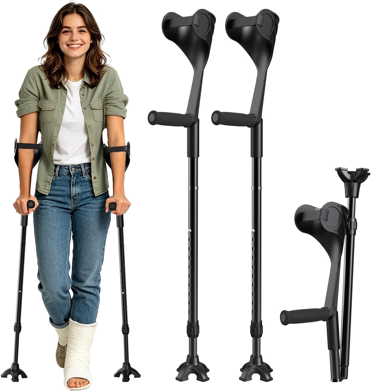 Forearm Crutches for Adults, Folding Ergonomic Elbow Crutches, Non-Slip Crutches for Walking, Crutches for Leg Injury, Surgery Recovery, Disabled Fits 5'3"–6'3", with Adjustable Strap, FUSHIDE