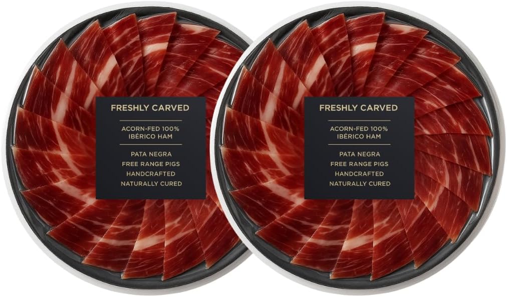 Iberico Acorn-Fed Ham - Sliced Jamon Pata Negra, 3 oz | Premium Spanish Dry-Cured Ham, Gourmet Charcuterie, 100% Bellota, Rich Flavor, Imported Iberian Delicacy (Two Pack, 2, Count)