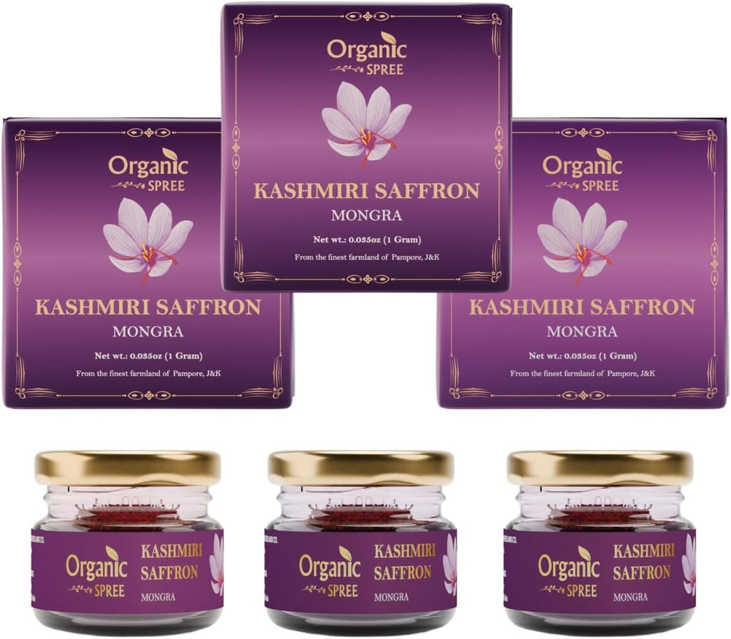 Organic Spree Kashmiri Saffron Kesar 1gm (0.035oz) Threads Pure and Natural l From the finest farmlands of Pampore, J&K l Certified Grade A++ Mongra Saffron - Pack of 3