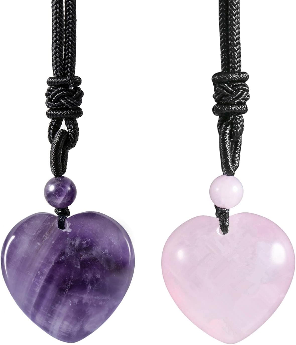 TUMBEELLUWA Natural Amethyst & Rose Quartz Crystal Necklaces 2pcs Carved Stone Pendants Amulet Set with Adjustable Cord for Men and Women