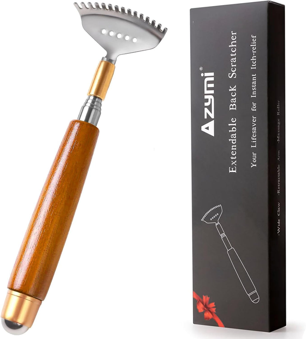 Back Scratcher, Metal Back Scratcher Telescopic Wooden Handle with Steel Roller Ball- Wide Claw, Portable Face Head Scalp Butt Scratcher Back Massager Tool