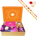 Ghasitaram Gifts Jaiccha Rakhi Gifts for Brothers-Orange Hamper Box with Sugarfree Kaju Katli, Beetroot Chips, Wheat Puffs and Sugafree Bites with 2 Rakhis