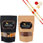 Jaiccha Ghasitaram Gifts Rakhi Gifts for Brothers Rakhi Sweets - Pack of 2 Assorted Bites 200 GMS and Peri Peri Almonds 200 GMS Pouches with 2 Pearl Beads Rakhis