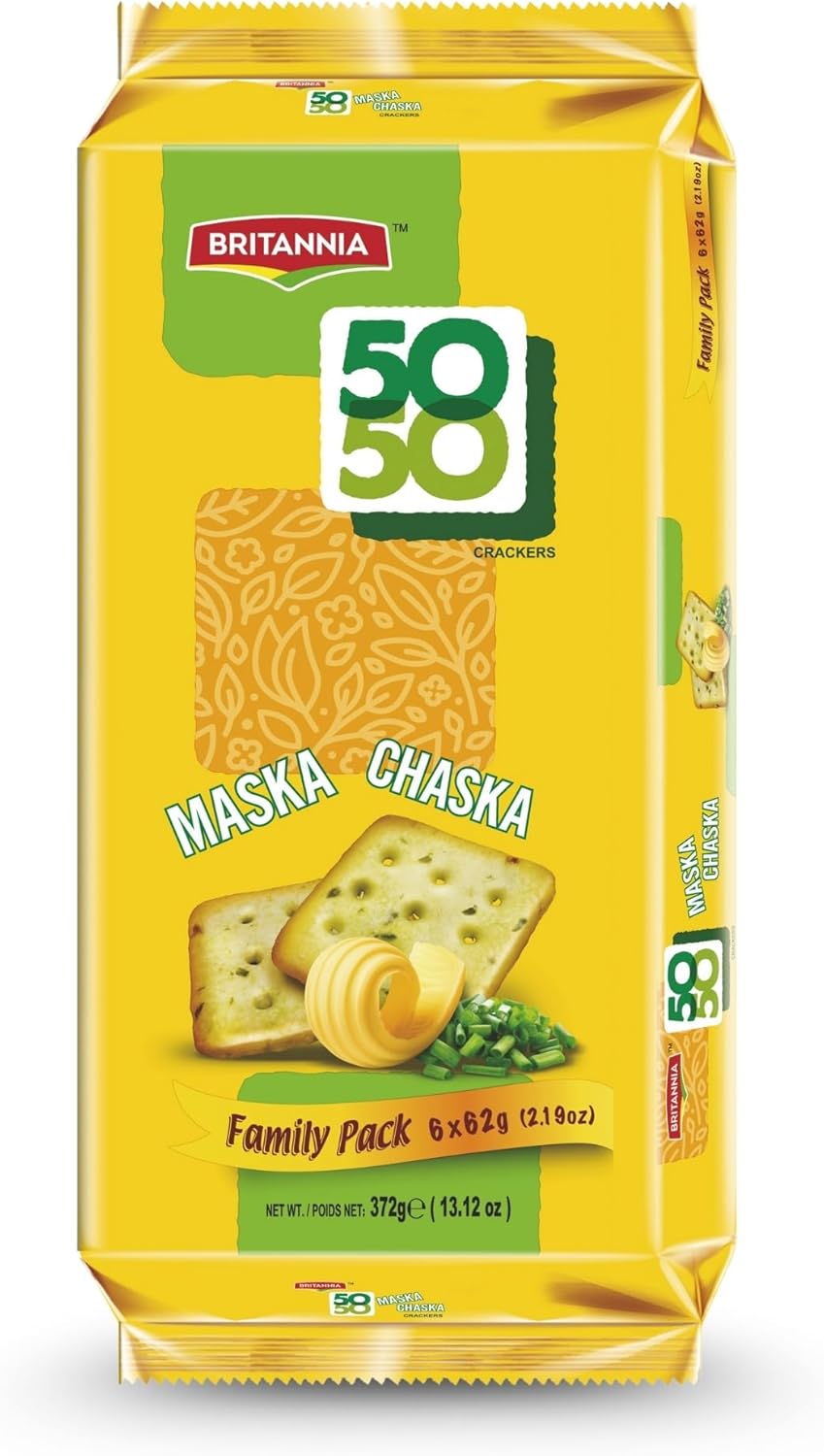 Britannia Crackers 50 50 Maska Chaska Biscuit - Original Baked Snack Crackers, Family Pack 13.12oz (372g) - (Pack of 6(21.9 oz))