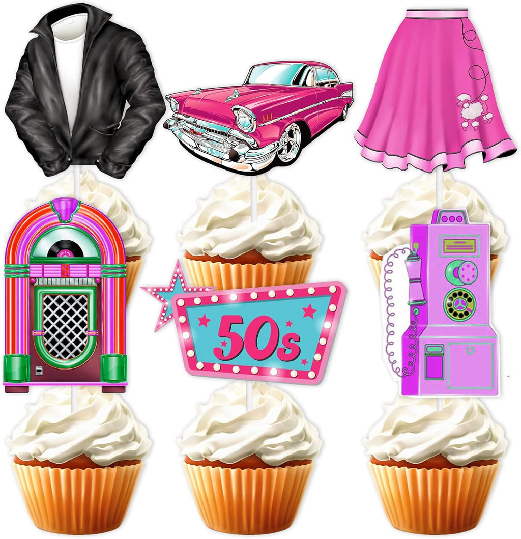 18pcs Pink Glitter Dessert Cupcake Topper Retro 50s Theme Theme Decor Supplies Happy Birthday Decorations