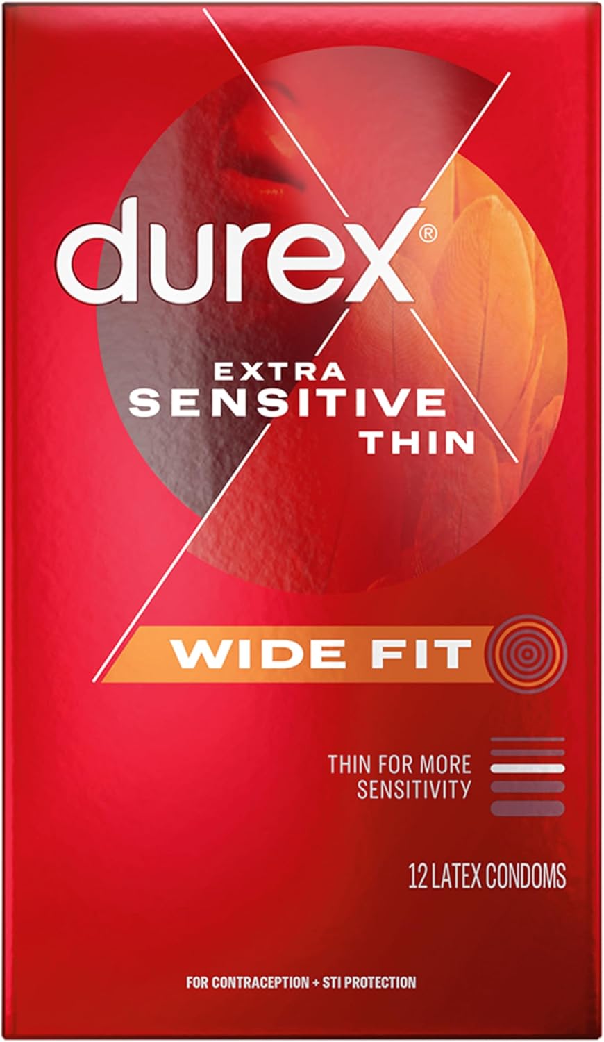 Durex Extra Sensitive Lubricated Ultra Thin Premium Latex Condoms, Wide Fit, 12 Count