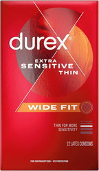 Durex Extra Sensitive Lubricated Ultra Thin Premium Latex Condoms, Wide Fit, 12 Count
