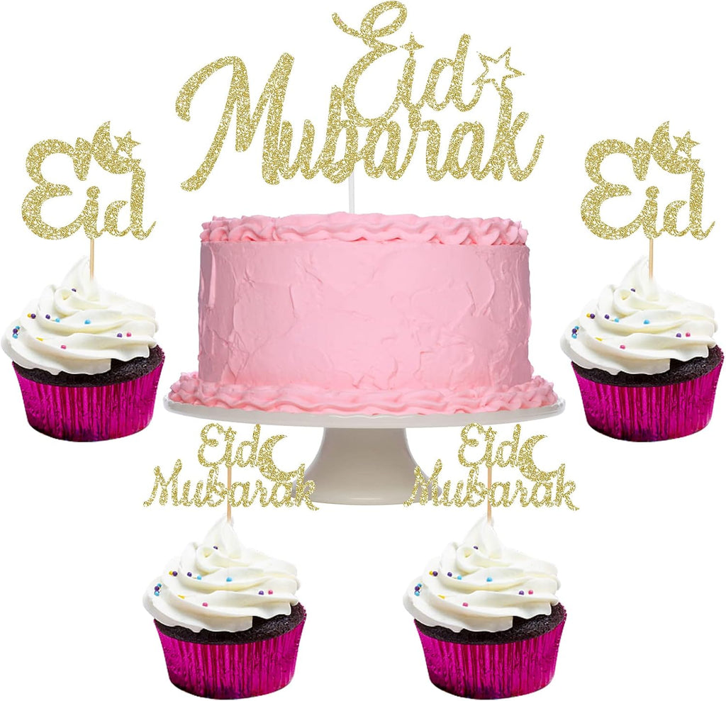 Eid Mubarak Cake Topper and Eid Mubarak Cupcake Toppers Gold Glitter Ramadan Kareem Cupcake Picks for Muslim Theme Party Cake Decorations - 25pcs