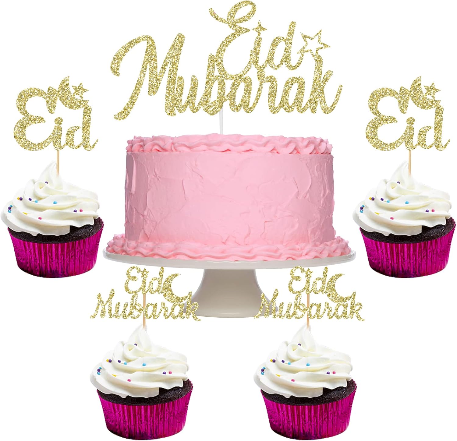 Eid Mubarak Cake Topper and Eid Mubarak Cupcake Toppers Gold Glitter Ramadan Kareem Cupcake Picks for Muslim Theme Party Cake Decorations - 25pcs