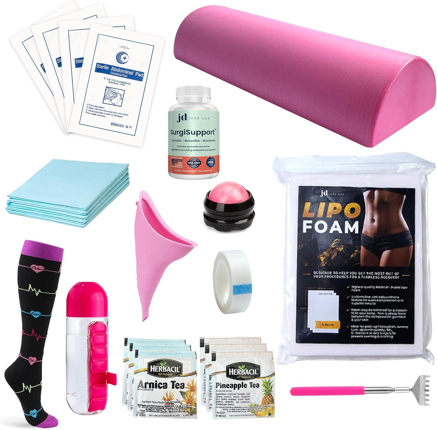 BBL Essentials Kit (28-Piece Recovery Set) with SurgiSupport – Post Surgery Supplies with Toilet Pillow, Lipo Foam, ABD Pads, Scar Gel, Compression Socks, Arnica & Pineapple Teas