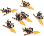 10Pcs Halloween Cat with Broom Charms Jewelry Findings Pendant Ornament Alloy Enamel Pendants for Necklace Bracelet Jewelry Making, Lime, 19.5x34x1.5mm, Hole: 2mm