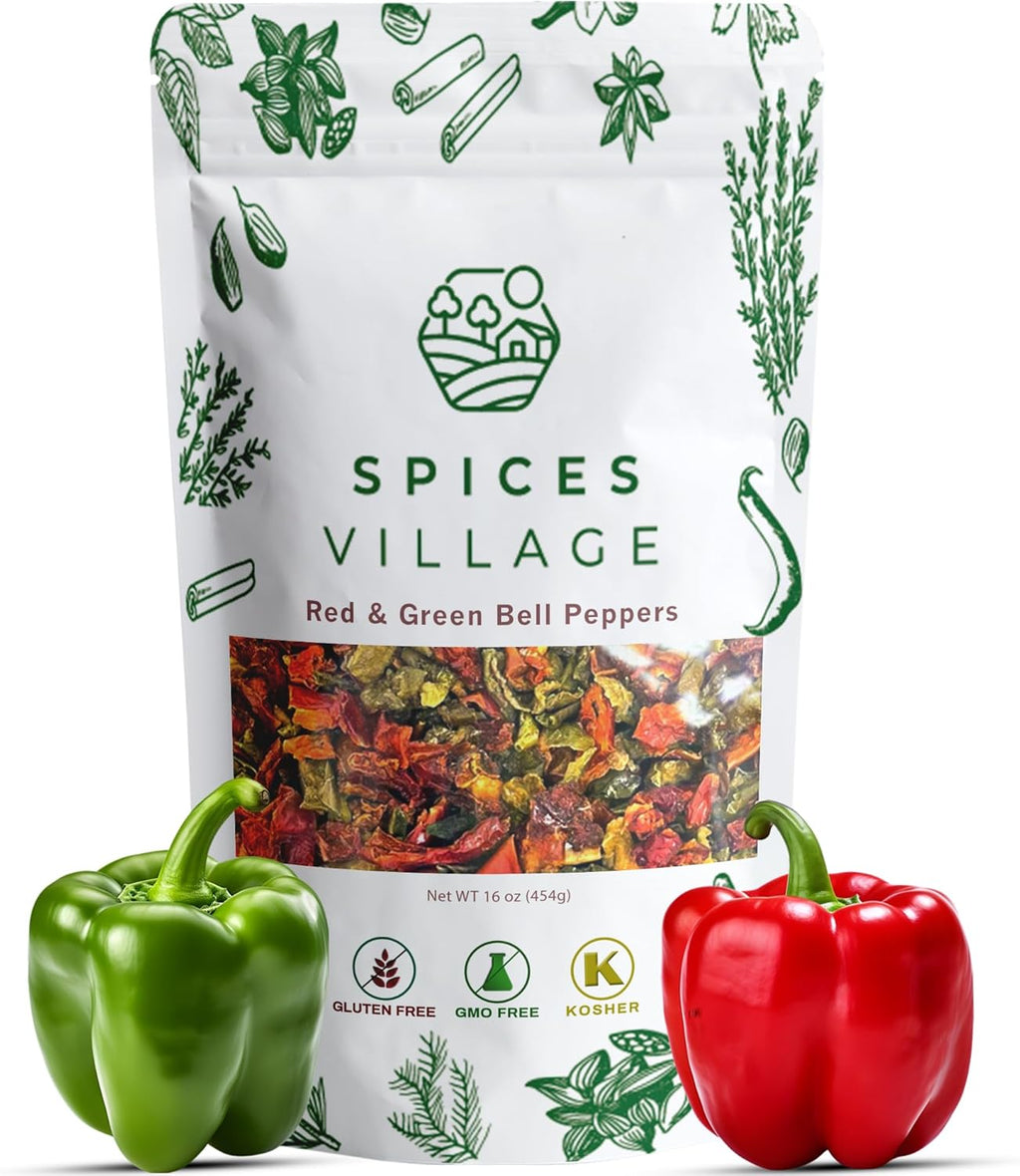 SPICES VILLAGE Dried Bell Pepper Flakes, Dehydrated Bell Peppers Mix, Dried Bell Pepper Flakes, 16 Oz (1 lb), Dried Ramen Toppings, Bulk Dried Vegetables for Soup Mix, Kosher, Gluten Free, Non GMO