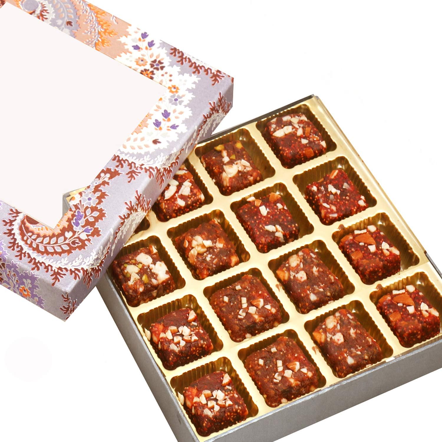 Ghasitaram Gifts Diwali Gifts Sweets- Blue Printed 16 pcs Sugarfree Dates and Figs Bites Box