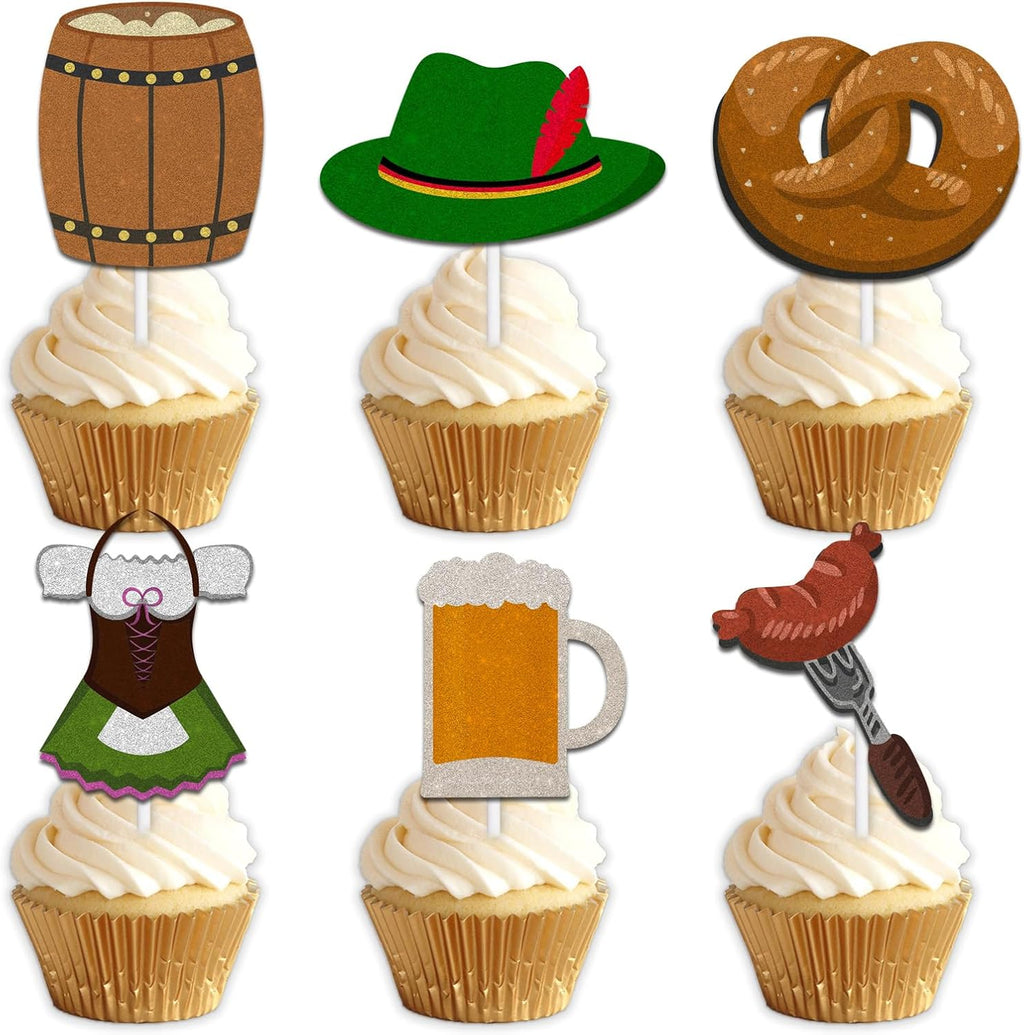 18pcs Glitter Beer Dessert Cupcake Topper Pick for Oktoberfest German Beer Theme Decorations Men Women Happy Birthday Party Decor Supplies