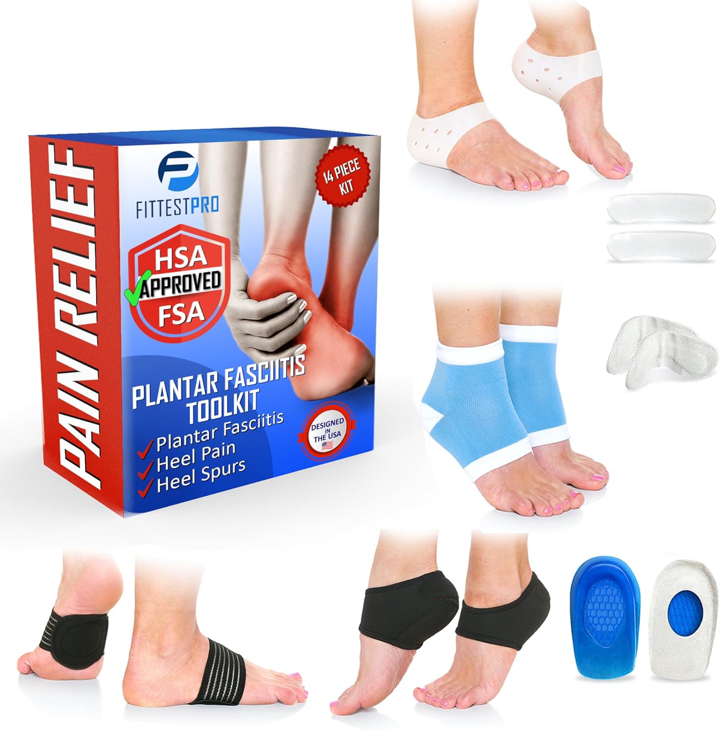 Plantar Fasciitis Foot Pain Relief 14-Piece Kit – Premium Planter Fasciitis Support, Gel Heel Spur & Therapy Wraps, Compression Socks, Foot Sleeves, Arch Supports, Heel Cushion Inserts & Grips