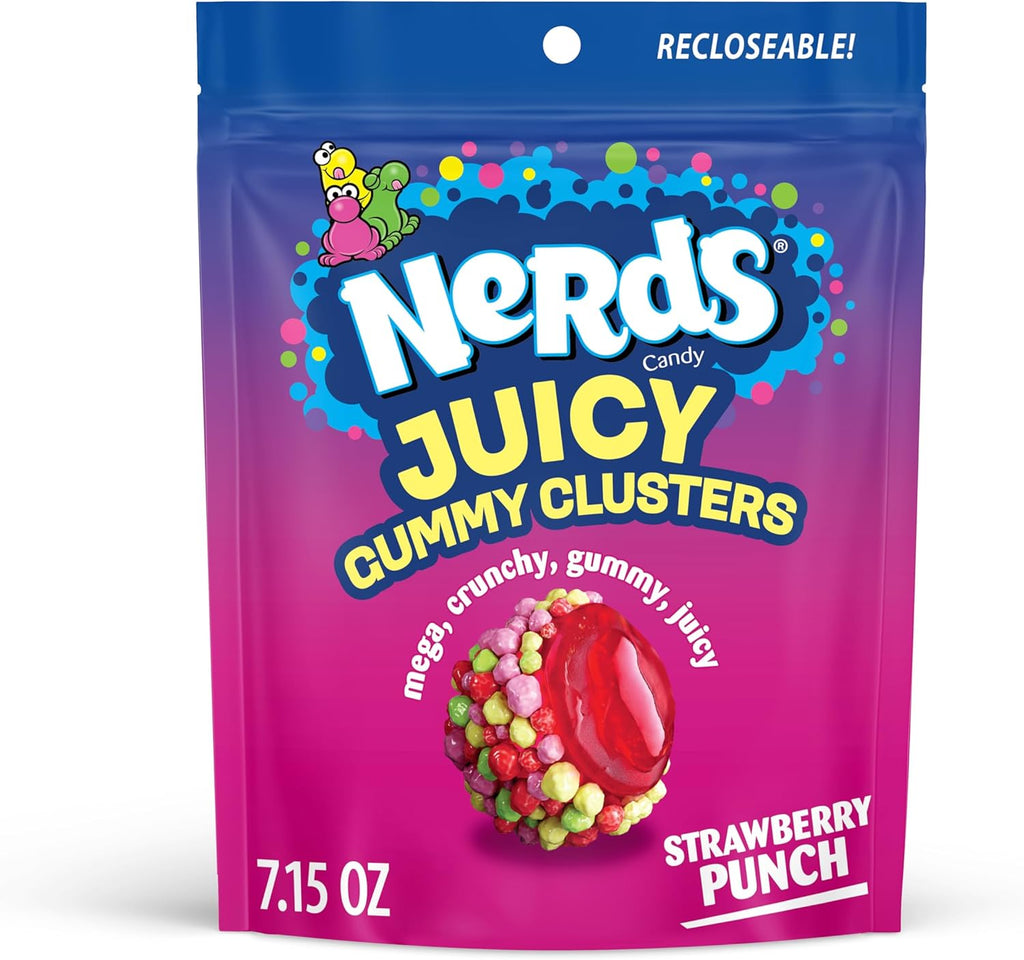 NERDS Juicy Gummy Clusters, Strawberry Punch, Juicy and Gummy Candy, 1 Stand Up Bag, for Snacking and Sharing, 7.15 oz