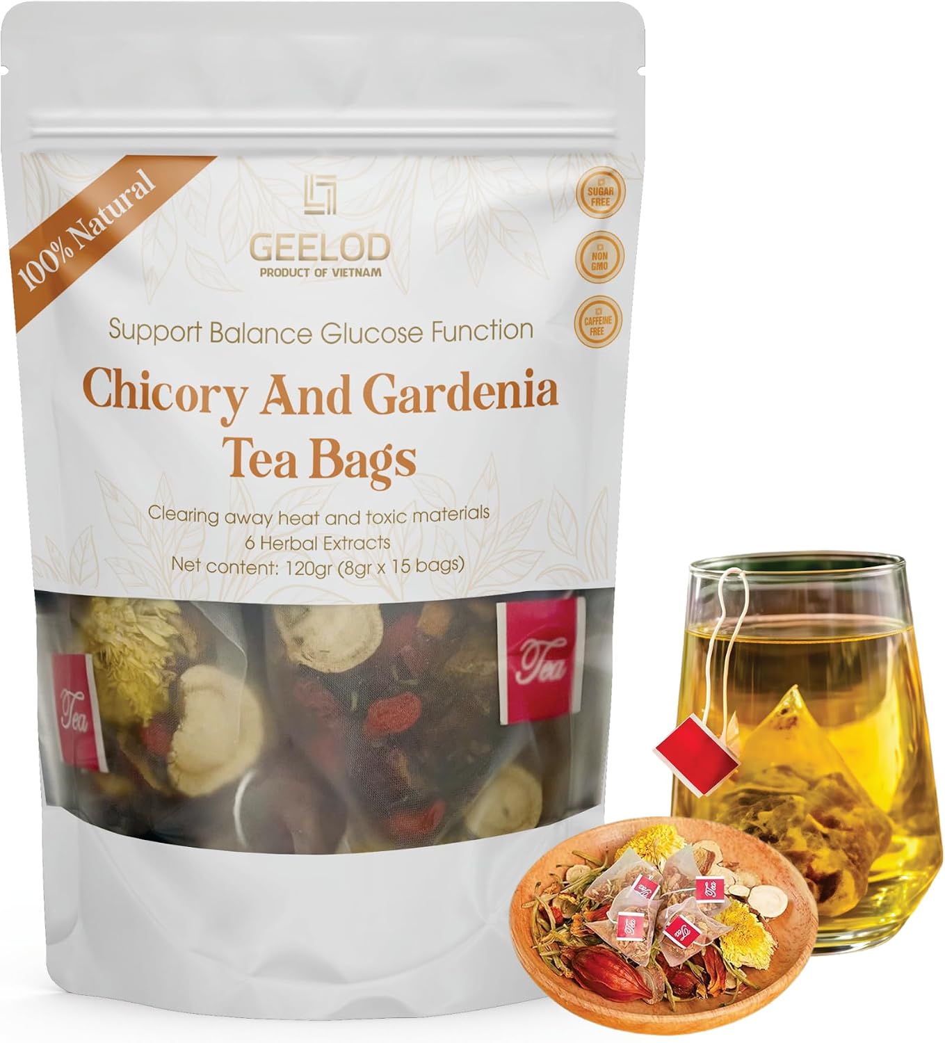 Nature Chicory And Gardenia Tea For Diabetics - Supports Digestion, Weight & sleep, Kidney and Liver Tea, Natural Sugar-Free Blend, Vegan & Caffeine-Free,120gr (15bags x 8gr)