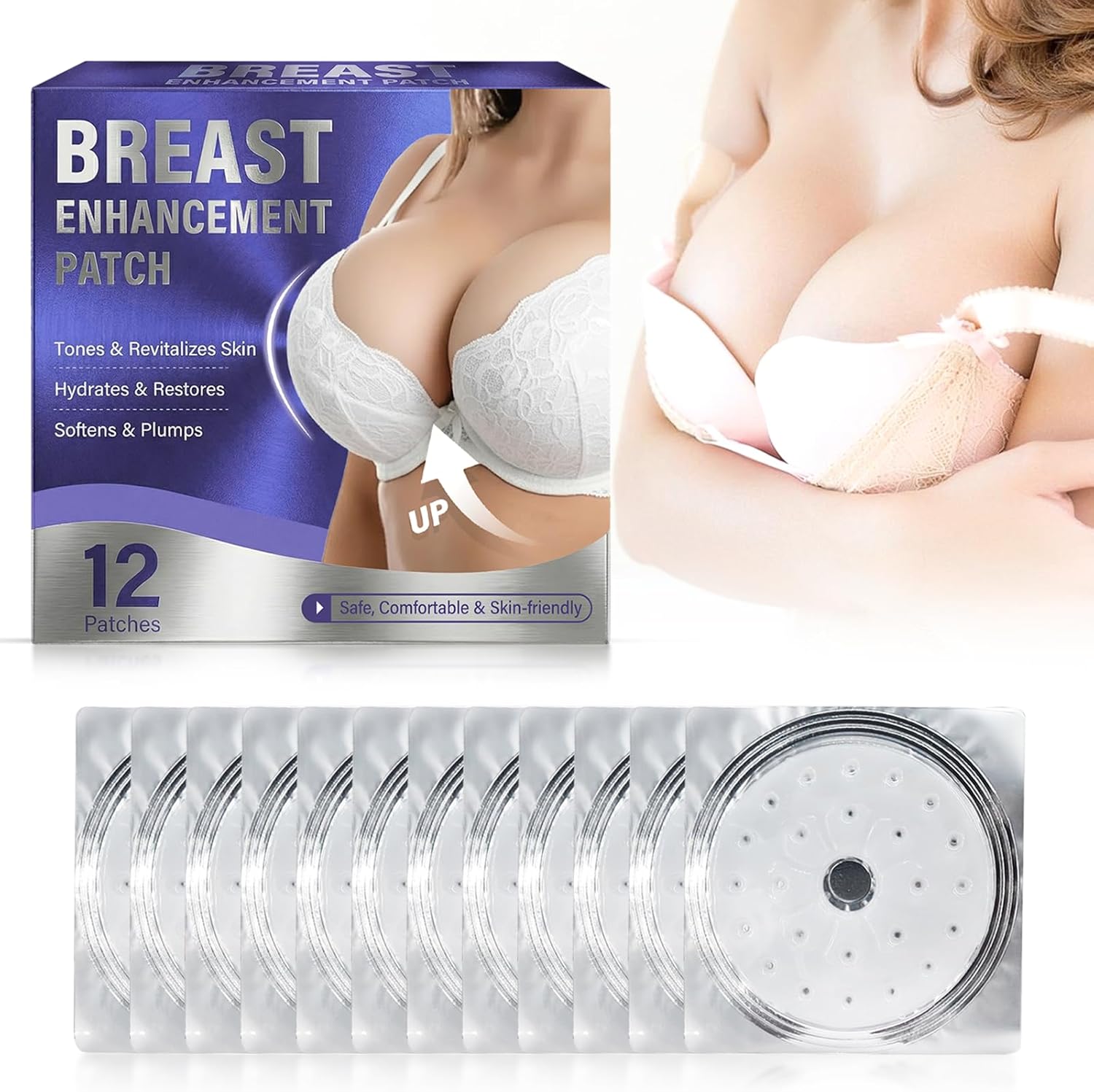 Breast Enhancement Patch, Fast Acting Formula for Breast Growth Lifting & Firming, Non-Greasy Cream for Visibly Fuller & Firmer Bust Line, Easy-to-Apply, 12 patches