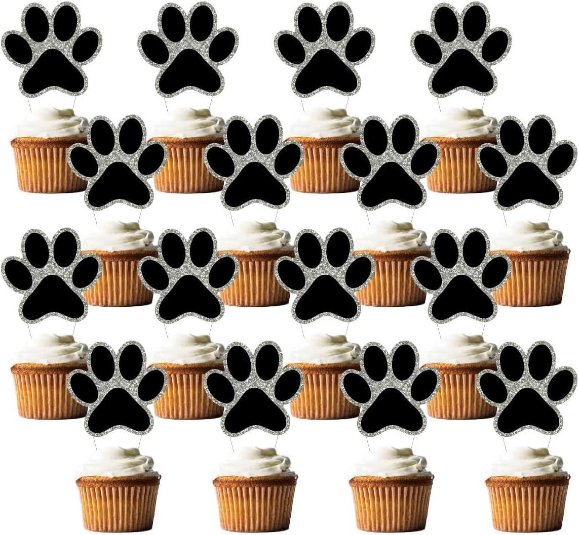24 PCS Dog Paw Party Decoration, Single-side Black Glitter Puppy Paw Cupcake Toppers Puppy Dog Pet Theme for Baby Shower Boys Girls Birthday Party Cake Supplies (Black-silver)