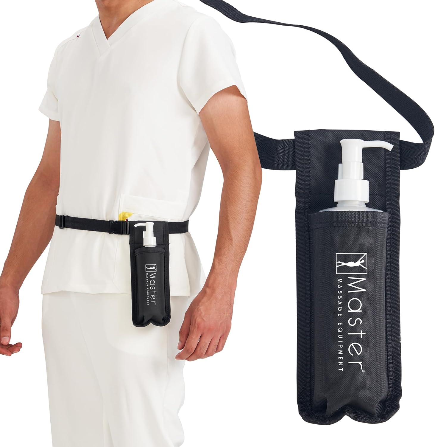 Master Massage Single Bottle Massage Oil Holster Case Bag-Adjustable and Heat-Resistant Bottle Cream & Lotion Single Holster Bag Kit– Incl. One8 Oz Refillable Pump Dispenser