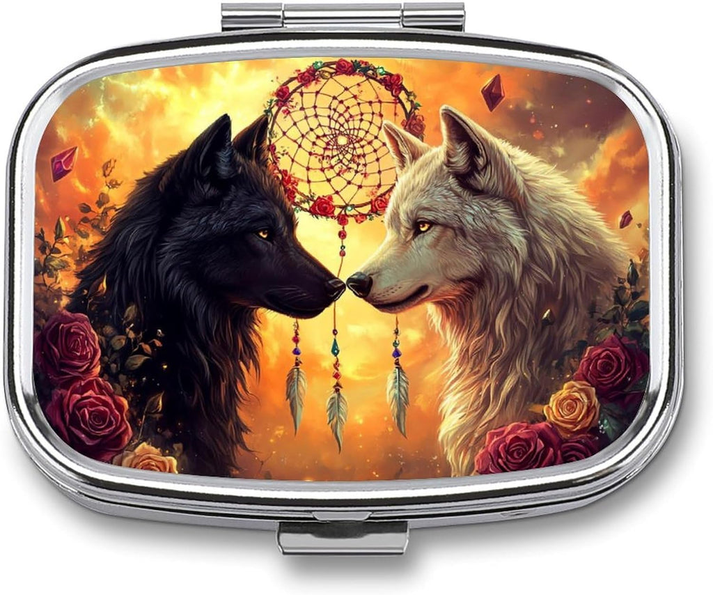 Black and White Wolf Dream Catcher Travel Pill Organizer Portable Pill Box Metal Medical Pill Case for Men Women